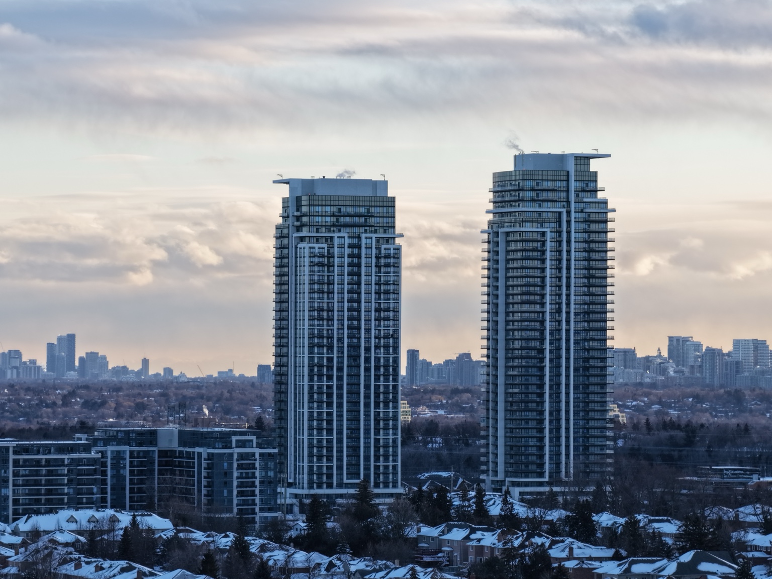 High-rise residential towers photographed for building inspection and facade assessment