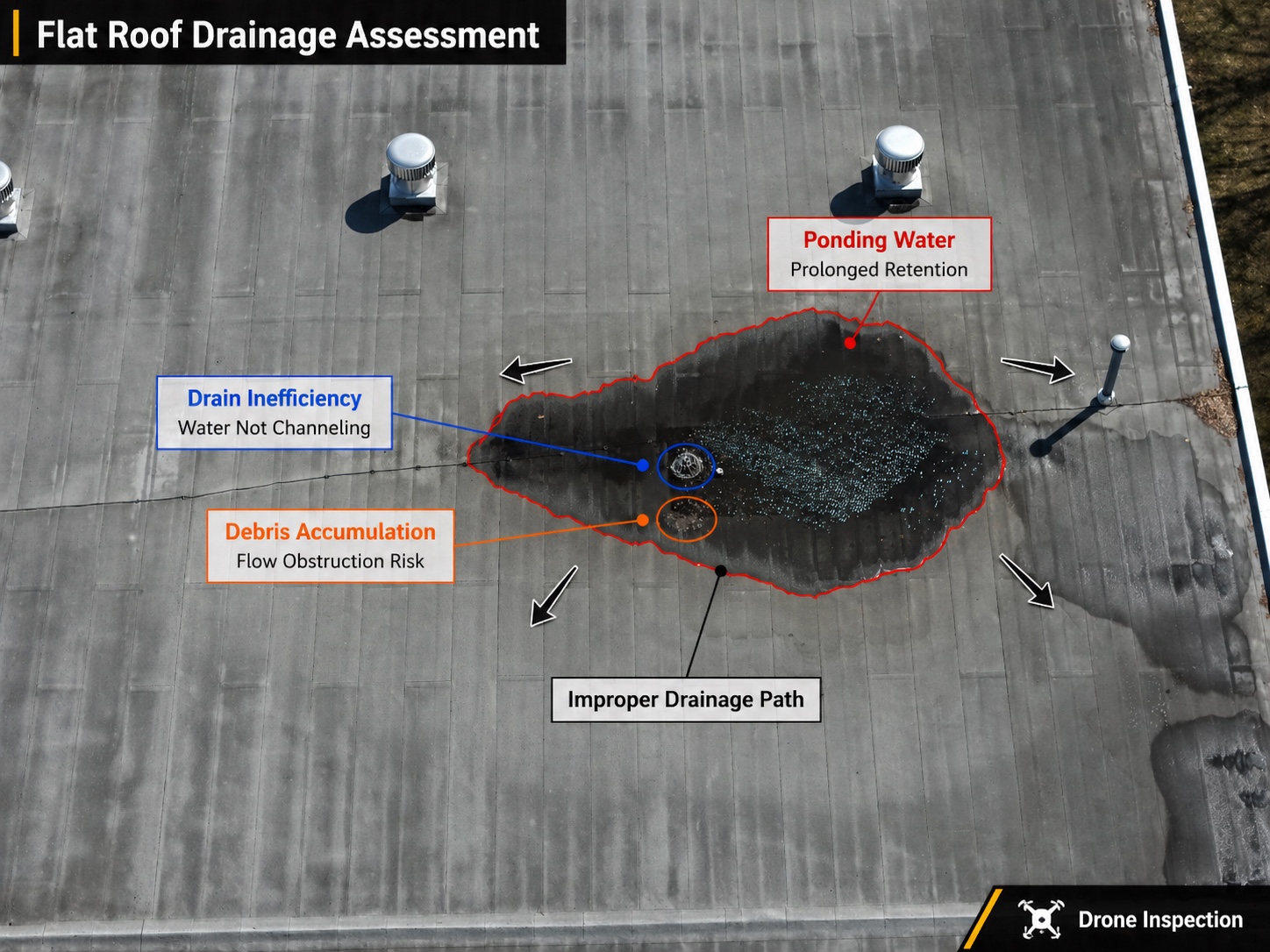 Annotated drain inefficiency on commercial flat roof