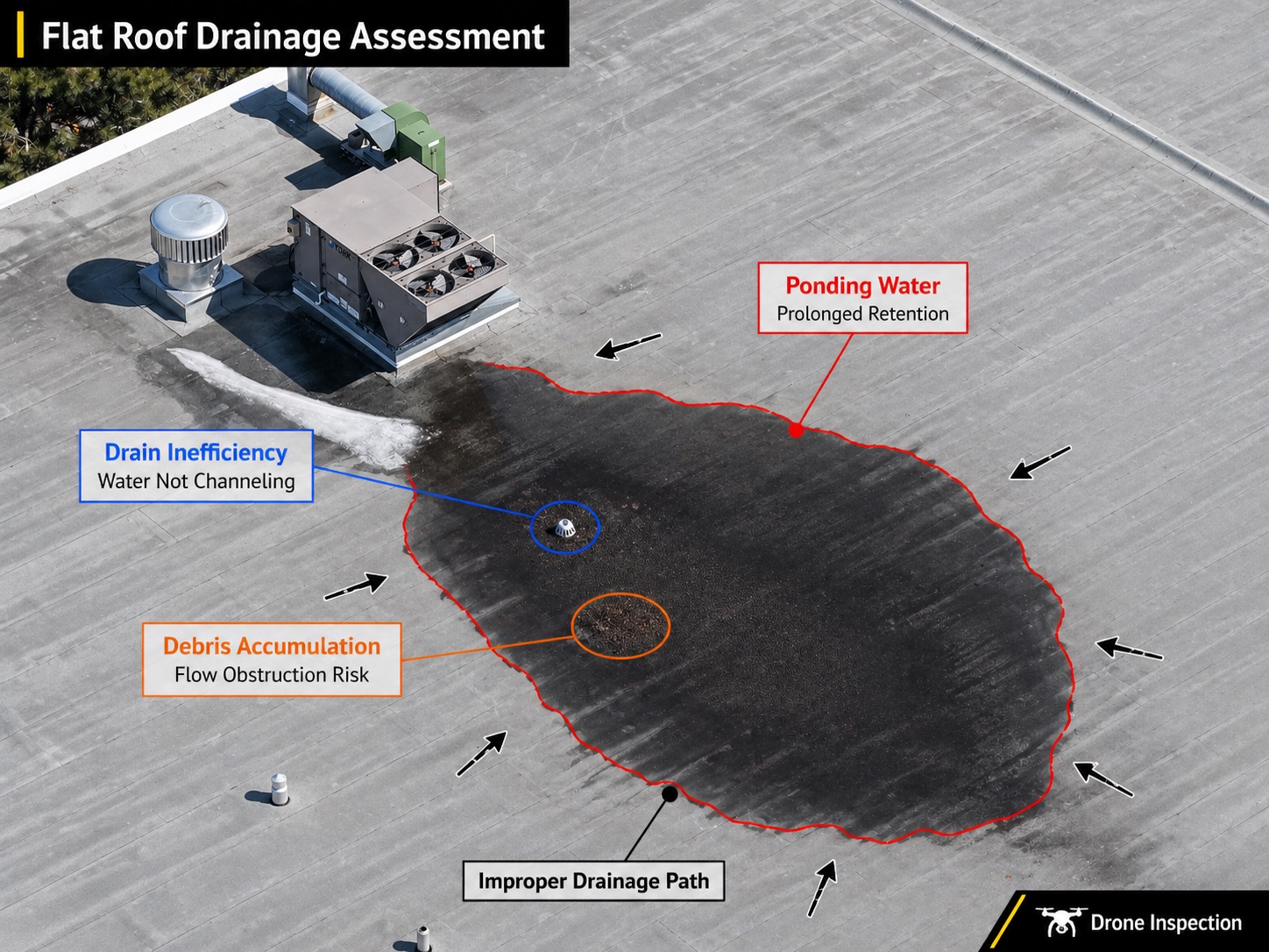 Annotated ponding water close-up on flat roof membrane