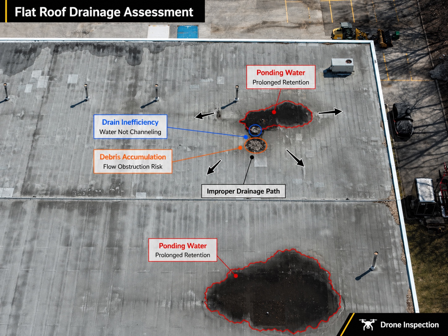 Annotated roof drainage overview showing multiple ponding zones