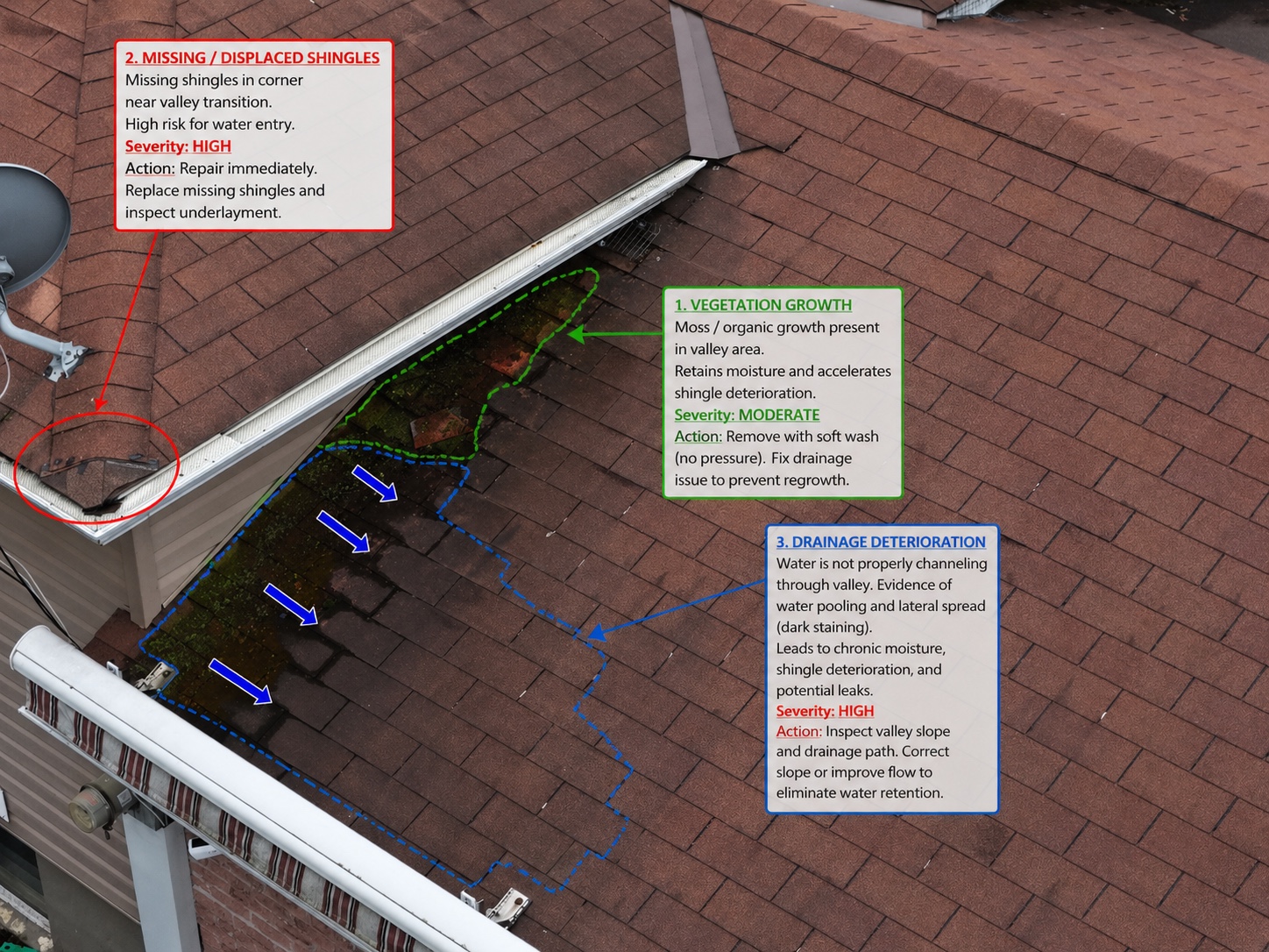 Annotated residential roof defects